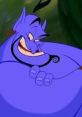 Whimsical blue genie character with a playful grin, inspired by Robin Williams' iconic role in Aladdin.