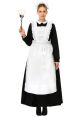 Maid in classic black and white uniform, holding a duster, showcasing traditional domestic service attire.