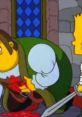 Bart Simpson confronts a character holding a bloody weapon in a medieval setting from The Simpsons episode.