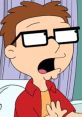 Steve Smith animated character with glasses, expressing surprise or excitement in a casual setting.