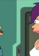 Leela from Futurama engaging in conversation, showcasing her iconic purple hair and confident expression.