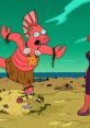 Zoidberg from Futurama humorously dressed in island attire, interacting on a beach with another character.