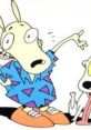 Rocko from "Rocko's Modern Life" in a colorful shirt, looking surprised alongside his dog, Spunky.