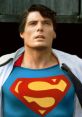 Christopher Reeve as Superman, showcasing the iconic blue and red costume with the Superman logo, gazing upward heroically.