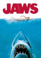 Famous Jaws movie poster featuring a great white shark threatening a swimmer in deep blue water. Iconic suspense in cinema.