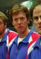 Three characters from Beerfest look surprised, dressed in matching blue and red jackets, in a competitive scene.