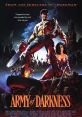 Ash battles evil in a medieval setting in Army of Darkness, armed with a chainsaw and surrounded by undead foes.