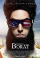 Sacha Baron Cohen as Borat with sunglasses reflecting the American flag, promoting the iconic comedy film "Borat.