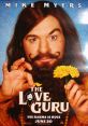 Mike Myers as a guru with a mustache, holding a flower, promoting "The Love Guru" movie with a fun, colorful background.