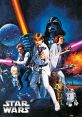 Iconic poster of "Star Wars: Episode IV - A New Hope," featuring heroes, Darth Vader, and memorable starships in action.