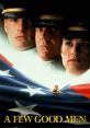 Three characters from "A Few Good Men" with U.S. flag, gavel, and intense expressions in a courtroom drama setting.