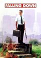 Man in business attire stands on a graffiti-covered step, symbolizing chaos in the film "Falling Down."