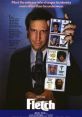 Fletch movie poster featuring Chevy Chase holding press IDs while aiming a gun, showcasing his comedic identity changes.