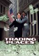 Trading Places movie poster featuring two characters joyfully surrounded by flying money in a bustling city backdrop.