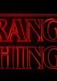 Title logo of "Stranger Things" in glowing red neon against a black background, capturing the show's eerie vibe.