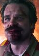 Jim Hopper from Stranger Things, bloodied and intense, facing a fiery backdrop with a determined expression.