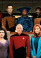 Star Trek crew members in iconic uniforms, showcasing diversity and camaraderie from the beloved sci-fi series.