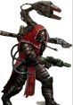 Enginseer from Warhammer 40k, armored in crimson cloak, wielding a combi-tool and supported by a mechanical arm.