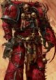 Powerful Chaos Space Marine in red armor, adorned with skulls and chaos insignia, ready for battle in Warhammer 40k.