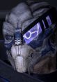 Garrus Vakarian's iconic helmet from Mass Effect 2, showcasing intricate design and advanced technology elements.