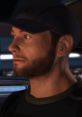 Jeff "Joker" Moreau from Mass Effect 2, showcasing his iconic look with a R1 cap and determined expression in space.