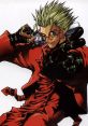 Vash the Stampede strikes a dynamic pose, showcasing his iconic red coat and joyful demeanor while brandishing a gun.