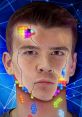 Digital artwork featuring a young man with pixelated cracks, symbolizing the fusion of technology and human identity.