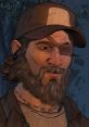 Kenny from The Walking Dead video game, showcasing his rugged beard and distinct eye patch in a tense moment.