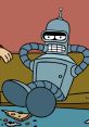 Bender from Futurama lounging on a couch, surrounded by pizza scraps, showcasing his laid-back robotic personality.