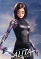 Alita, a battle-ready cyborg with purple accents and a sword, embodies strength and resilience in a futuristic setting.