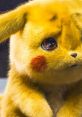 Cute Detective Pikachu with big eyes and a concerned expression, showcasing its iconic yellow fur and red cheek mark.