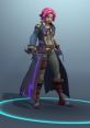 Maeve from Paladins, with pink hair and a stylish coat, wields dual daggers, showcasing her stealthy character design.