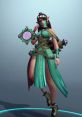 Ying from Paladins, dressed in a striking aqua outfit, holding a mirror and showcasing her mystical abilities.