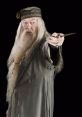 Albus Dumbledore with wand raised, embodying wisdom and power in a mystical pose against a dark background.