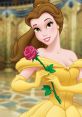 Belle from Beauty and the Beast, wearing a yellow gown, holds a pink rose in a grand, enchanting setting.