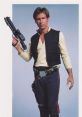 Han Solo stands confidently, holding a blaster, wearing iconic attire from the Star Wars franchise.