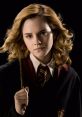 Hermione Granger, holding her wand, showcases determination and intelligence in her Hogwarts attire.