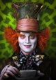 Mad Hatter with vibrant orange hair, whimsical hat, and holding a teacup against a green patterned background.