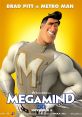 Metro Man, voiced by Brad Pitt in Megamind, showcases his iconic superhero smile against a vibrant yellow background.