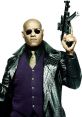 Morpheus from The Matrix, dressed in black leather, holding a firearm, exuding confidence and authority.