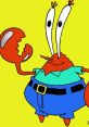 Mr. Krabs, the money-loving crab from SpongeBob SquarePants, showing off his signature grin against a bright yellow background.