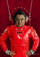 Oompa Loompa-inspired character in red jumpsuit with headphones, posed confidently against a vibrant red background.