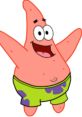 Cheerful Patrick Star from SpongeBob SquarePants, wearing green shorts, excitedly waving with a big smile.