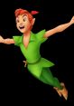 Energetic Peter Pan in a vibrant green outfit, soaring joyfully with arms outstretched against a solid black background.