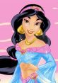 Princess Jasmine smiles confidently, wearing a stunning blue outfit adorned with pink jewels against a vibrant pink background.