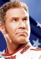 Ricky Bobby looking determined in his racing suit, set against a patriotic backdrop, symbolizing the thrill of competition.