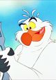 Scuttle from The Little Mermaid happily holds a fork, showcasing his quirky, comedic personality in a colorful background.