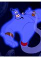 Cheerful blue genie from "The Genie of the Lamp," holding a microphone and exuding magical energy in a dark cave setting.