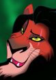 Uncle Scar with a cunning expression, featuring his distinctive darker mane and striking green eyes, set against a dark green background.