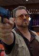 Walter Sobchak aiming a gun with a fierce expression, showcasing his intense personality and iconic bowling scene.